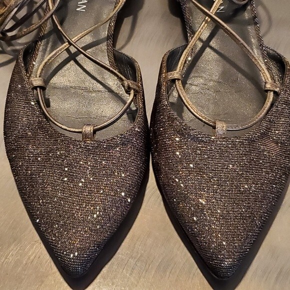 Stuart Weitzman Gillian Lace up Dorsay Point Toe Metallic Flat Pyrite 9.5 - Picture 6 of 11